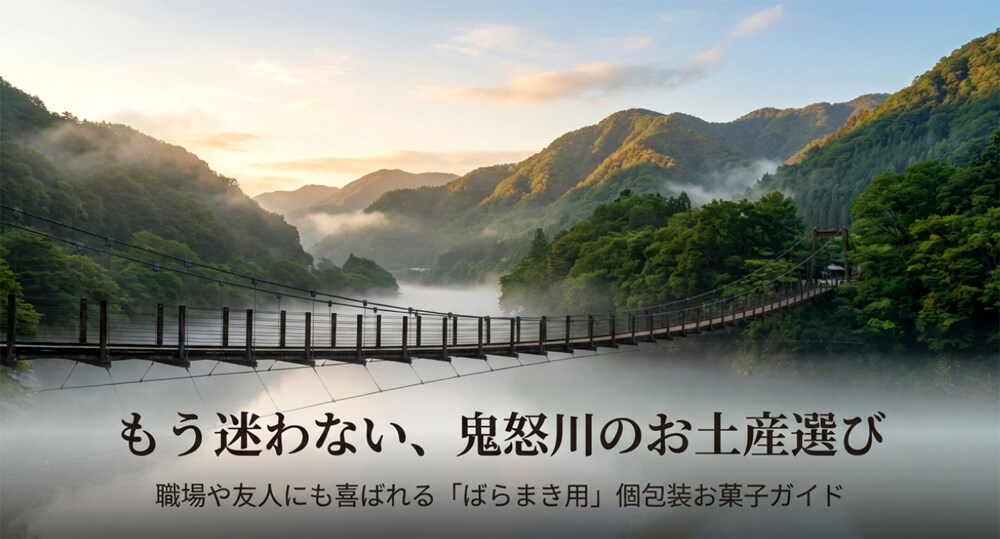 「もう迷わない、鬼怒川のお土産選び。職場や友人にも喜ばれるばらまき用個包装お菓子ガイド」と書かれた表紙画像