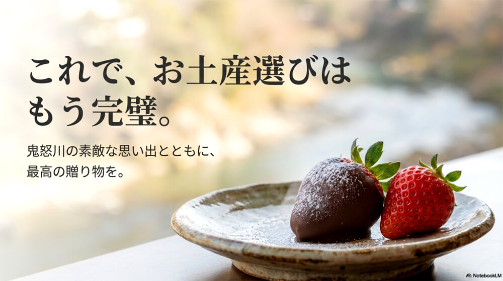 「これで、お土産選びはもう完璧。鬼怒川の素敵な思い出とともに、最高の贈り物を。」というメッセージが書かれた結びのスライド