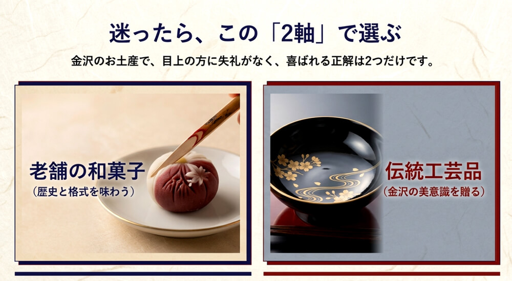 「老舗の和菓子（歴史と格式）」と「伝統工芸品（金沢の美意識）」という、目上の方に喜ばれる2つの正解ルートを示す図解