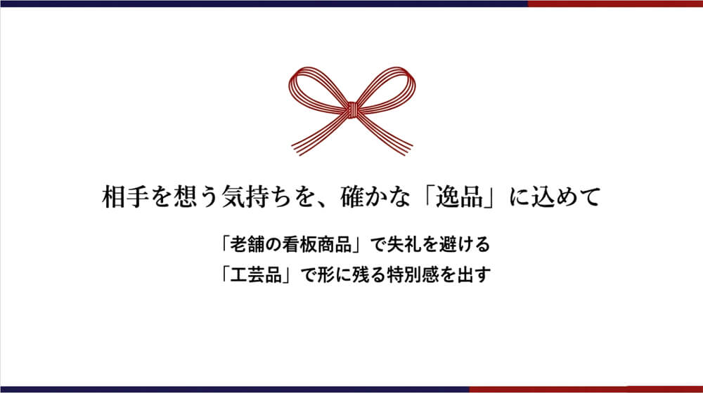 水引のイラストと共に、「老舗の看板商品」や「工芸品」を選ぶことで「ちゃんと選ばれたお土産」になるというメッセージ