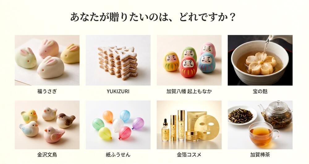 加賀棒茶の8種類の商品写真がコラージュされたスライド