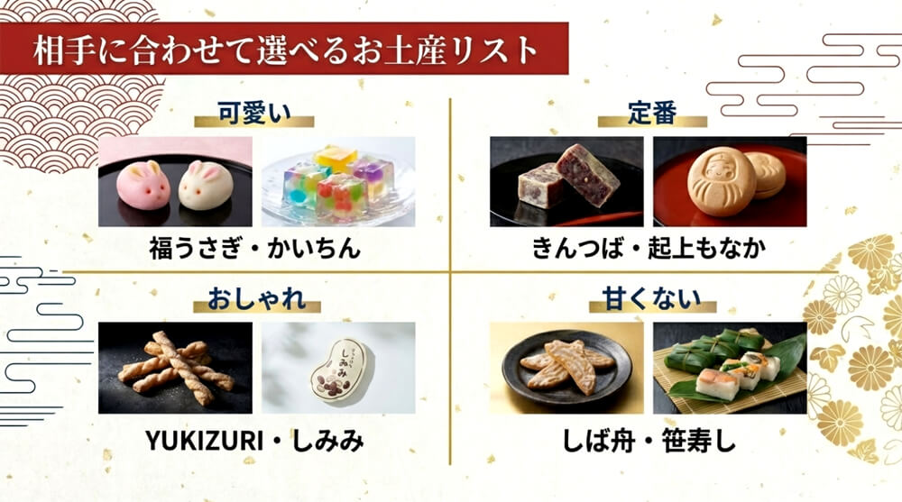「可愛い」「定番」「おしゃれ」「甘くない」の4カテゴリーに分かれたお土産