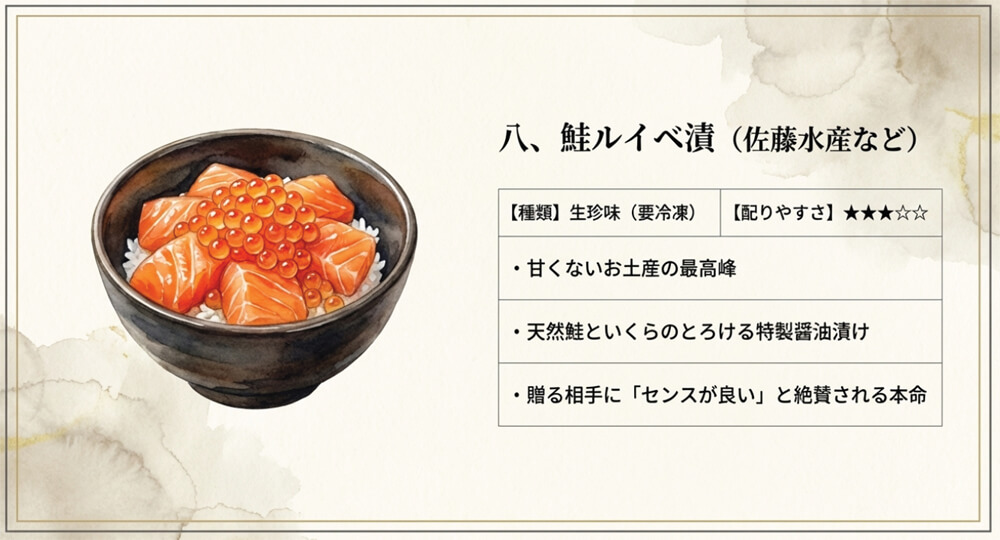 鮭ルイベ漬（佐藤水産など）